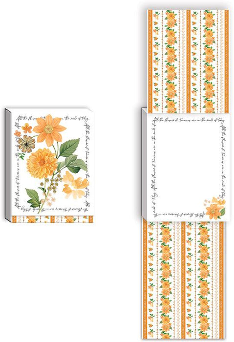 Packaging of floral-themed stationery items with yellow flowers and text.