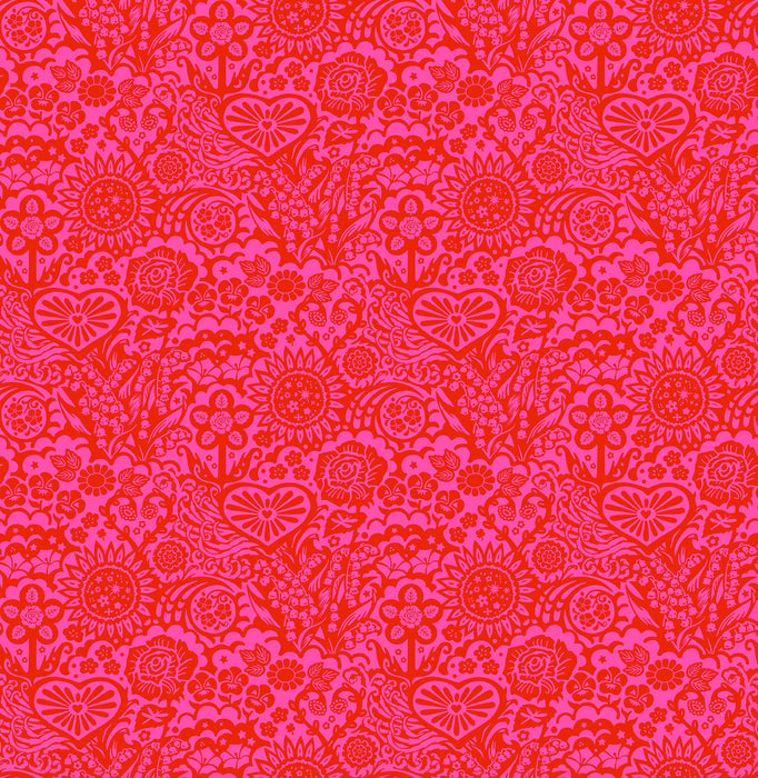 Patterned fabric with red floral design on a pink background