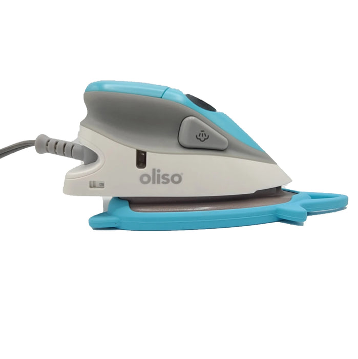 White and blue iron with 'oliso' branding on a white background