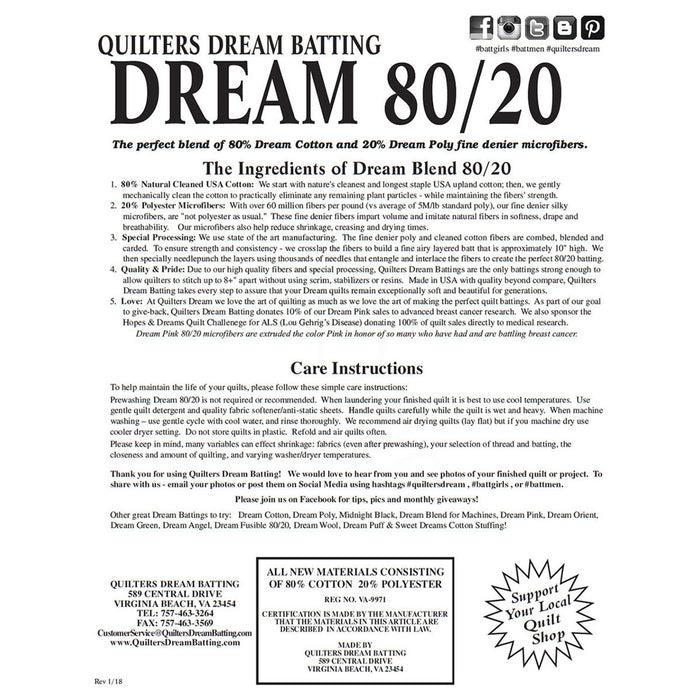 Quilters Dream batting 80/20 King 122" x 120"