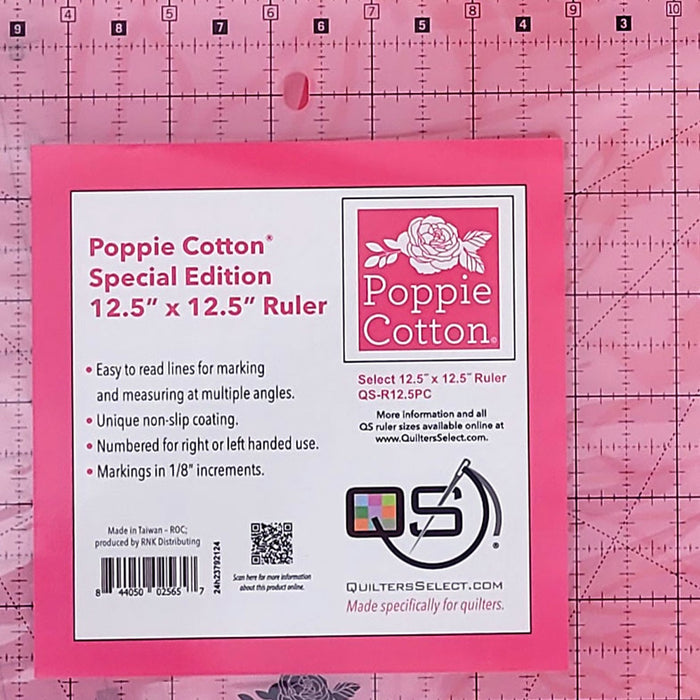 Quilters Select Poppie Cotton Pink Special Edition Non-Slip Ruler 12.5" x 12.5"