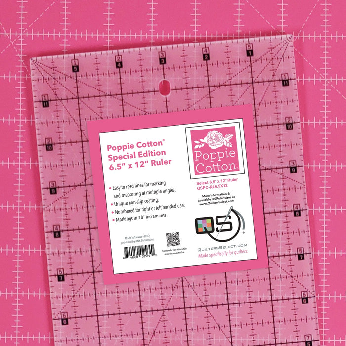 Quilters Select Poppie Cotton Pink Special Edition Non-Slip Ruler 6.5" x 12"