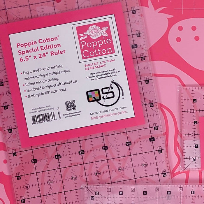 Quilters Select Poppie Cotton Pink Special Edition Non-Slip Ruler 6.5" x 24"