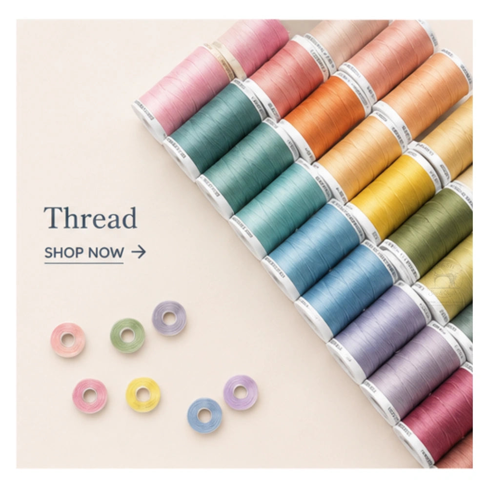 Assorted colorful spools of thread on a beige background with 'Thread Shop Now' text.