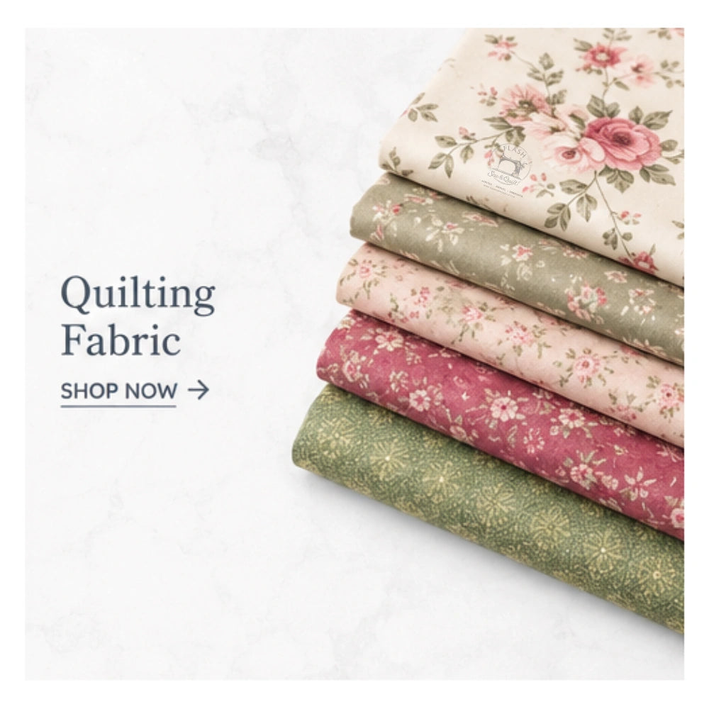 Stack of floral quilting fabric rolls on a white background with 'Quilting Fabric' text.