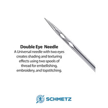 Schmetz double eye needle on a white background with text describing its use.