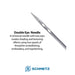 Schmetz double eye needle on a white background with text describing its use.
