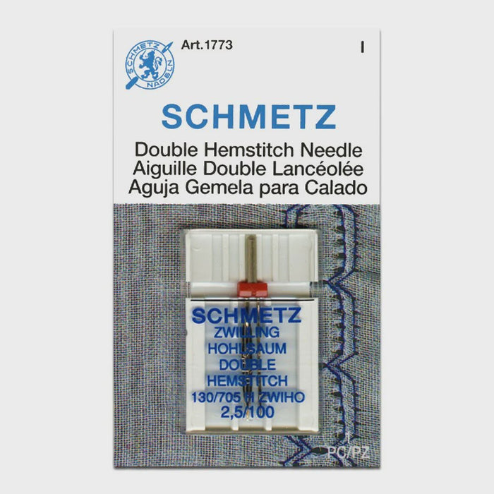 Schmetz double hemstitch needle size 5/100 packaging on a gray background