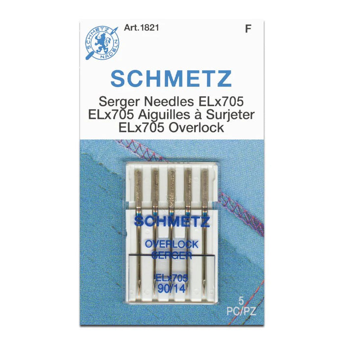Pack of Schmetz serger needles size 90/14 with packaging details on a white background