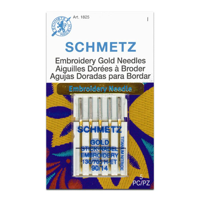 Schmetz embroidery gold needles size 90/14 packaging with colorful design on a white background