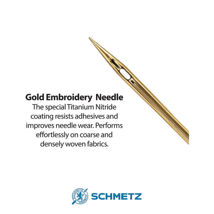Schmetz embroidery gold needles size 75/11 with text about its features on a white background, featuring the Schmetz brand.