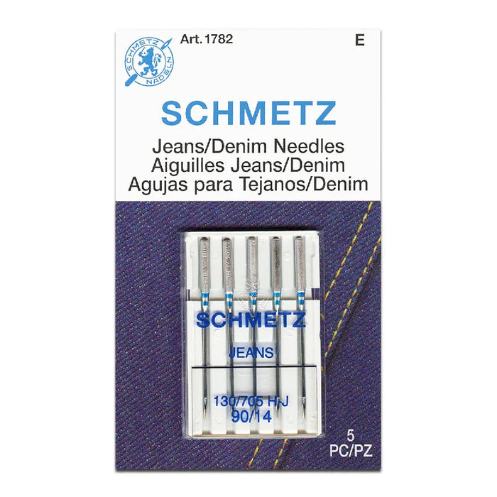 Pack of Schmetz jeans and denim needles size 90/14 with packaging details on a white background