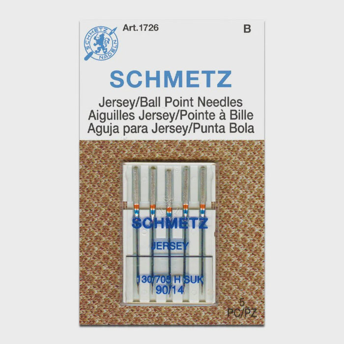 Schmetz jersey ball point size 90/14 needles packaging on a white background