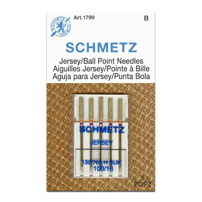 Schmetz jersey ball point needles size 100/16 packaging on a white background