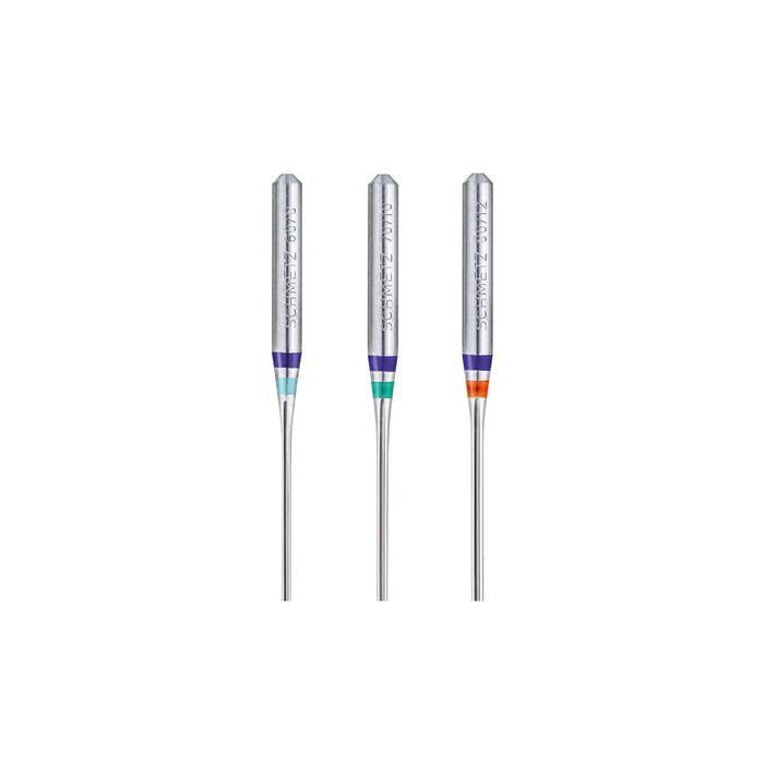 Three Schmetz Microtex needles with colored bands on a white background
