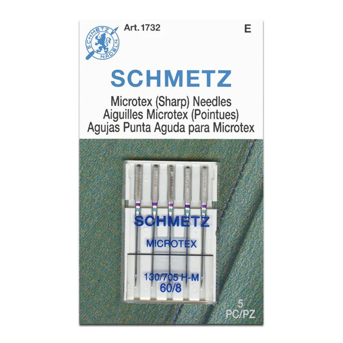 Schmetz Microtex needles sized 60/8 (5 pack) packet on a white background