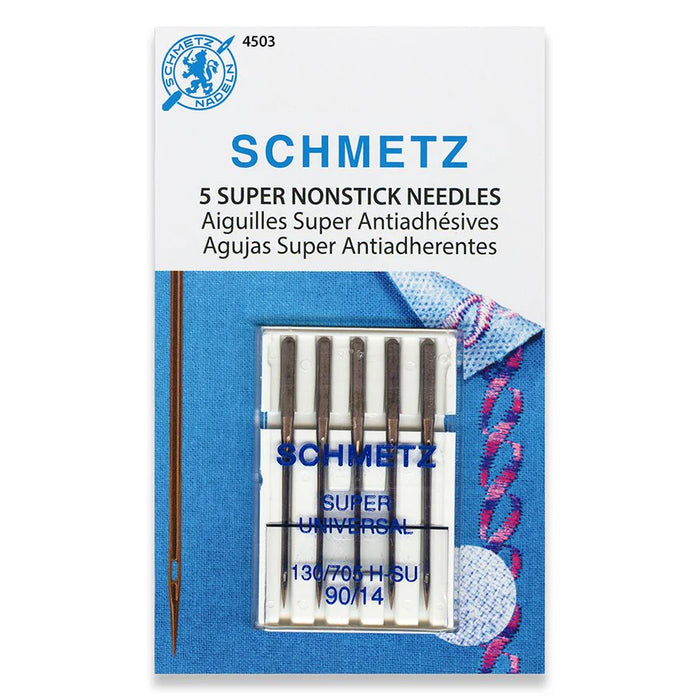 Schmetz needle package with five super nonstick needles size 90/14 on a white background