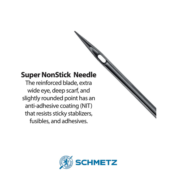Super NonStick needle with text description and Schmetz logo on a white background
