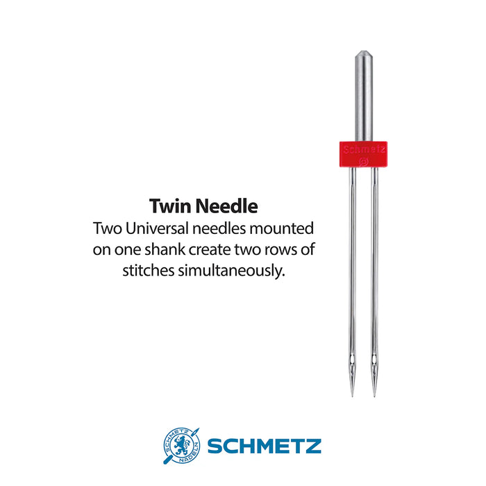 Schmetz twin needle with text explaining its function on a white background