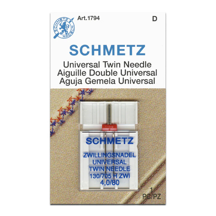 Schmetz universal twin needle size 4.0mm/80 packaging on a white background