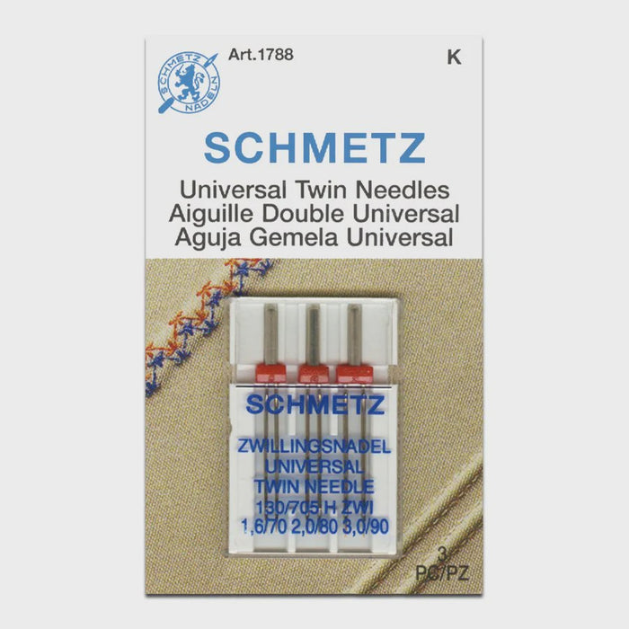 Schmetz universal twin needles assorted size 3 pack packaging on a beige background