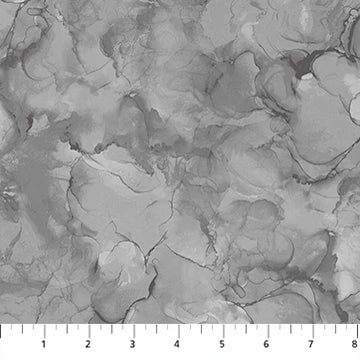 Mirage Smoke quilting cotton by Deborah Edwards for Northcott — cool gray fabric shown with ruler for scale