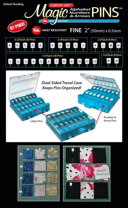 Packaging and storage cases for Taylor Seville Magic Alphabet Numbers & Arrows Pins, showing the pins and their organization in a dual-sided travel case.