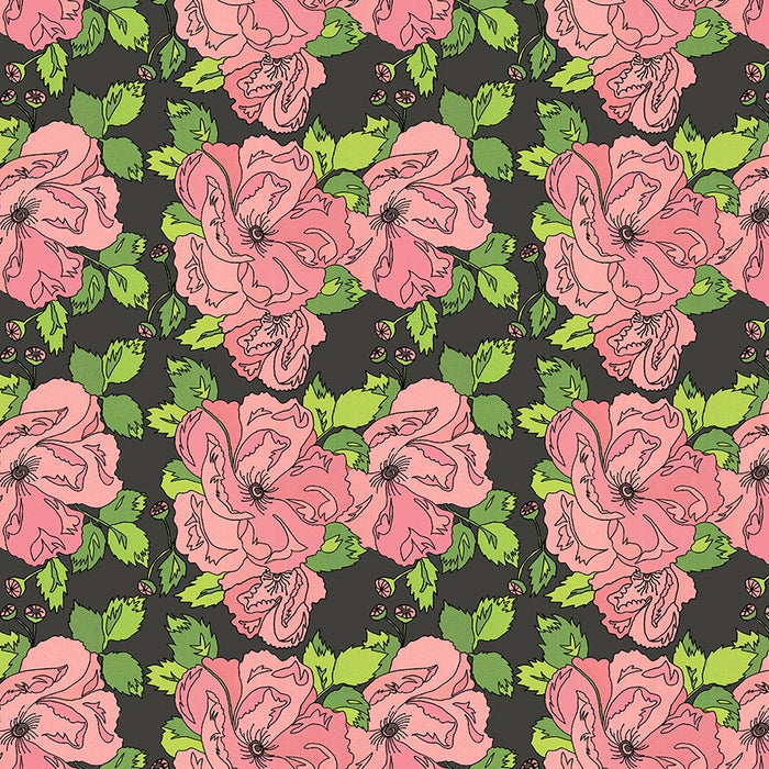 Flowers on Main Petal and Pollen Charcoal Cotton fabric